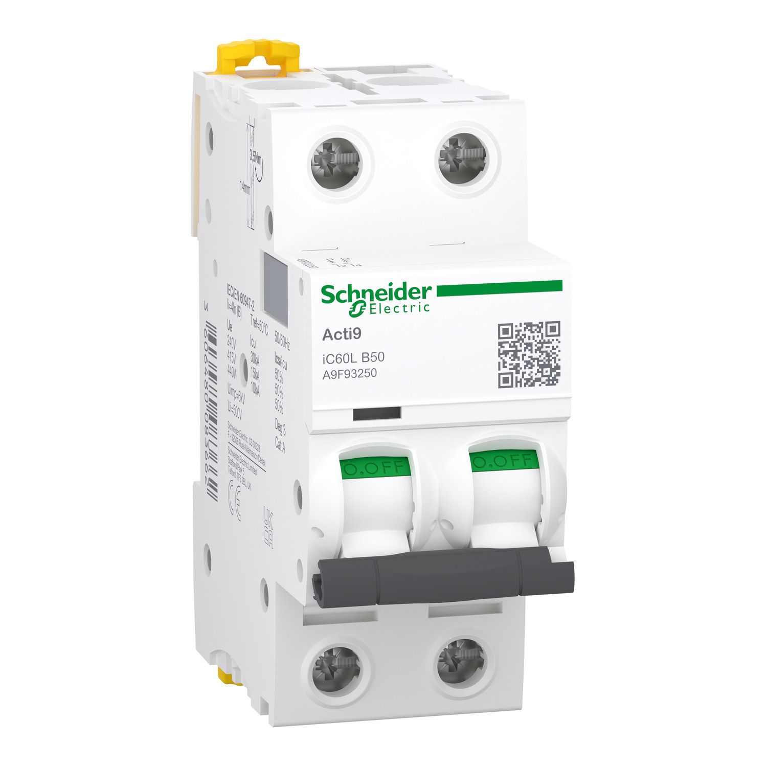 Picture of Miniature circuit breaker (MCB), Acti9 iC60L, 2P, 50A, B curve, 15kA (IEC/EN 60947-2)