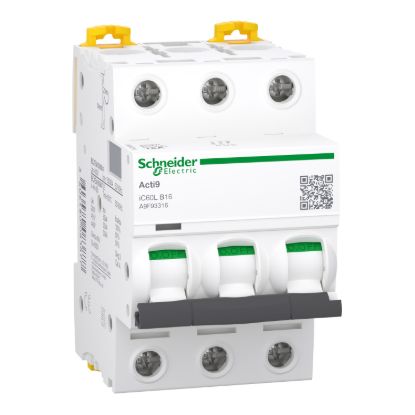 Picture of Miniature circuit breaker (MCB), Acti9 iC60L, 3P, 16A, B curve, 15000A (IEC/EN 60898-1), 25kA (IEC/EN 60947-2)