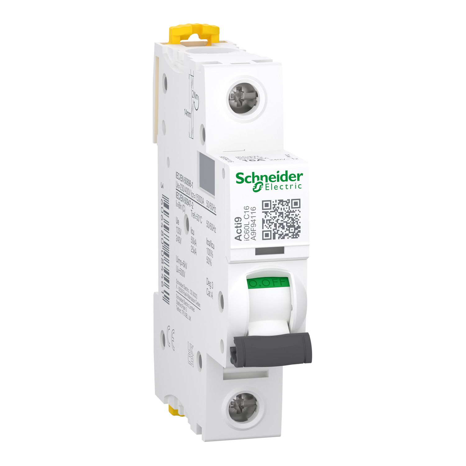 Picture of Miniature circuit breaker (MCB), Acti9 iC60L, 1P, 16A, C curve, 15000A (IEC/EN 60898-1), 25kA (IEC/EN 60947-2)