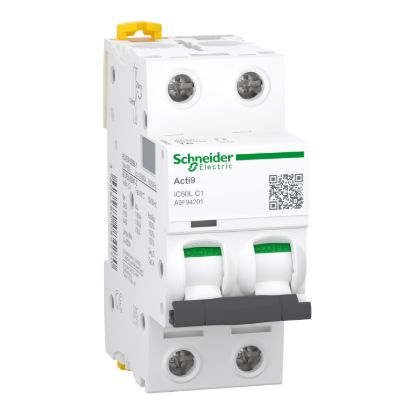 Picture of Miniature circuit breaker (MCB), Acti9 iC60L, 2P, 1A, C curve, 15000A (IEC/EN 60898-1), 100kA (IEC/EN 60947-2)