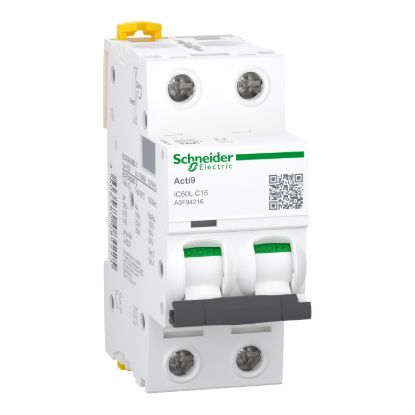 Picture of Miniature circuit breaker (MCB), Acti9 iC60L, 2P, 16A, C curve, 15000A (IEC/EN 60898-1), 25kA (IEC/EN 60947-2)