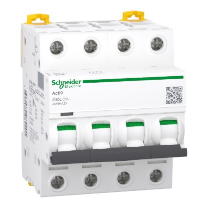 Picture of Miniature circuit breaker (MCB), Acti9 iC60L, 4P, 25A, C curve, 15000A (IEC/EN 60898-1), 25kA (IEC/EN 60947-2)