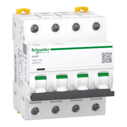 Picture of Miniature circuit breaker (MCB), Acti9 iC60L, 4P, 40A, C curve, 15000A (IEC/EN 60898-1), 20kA (IEC/EN 60947-2)