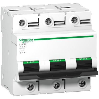 Picture of Miniature circuit breaker (MCB), Acti9, C120H, 3P, 125A, B curve, 15000A (IEC/EN 60898-1), 15kA (IEC/EN 60947-2)