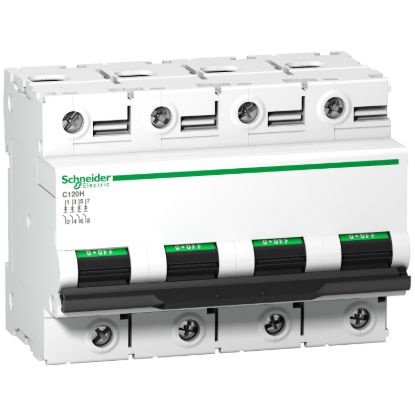 Picture of Miniature circuit breaker (MCB), Acti9, C120H, 4P, 100A, C curve, 15000A (IEC/EN 60898-1), 15kA (IEC/EN 60947-2)