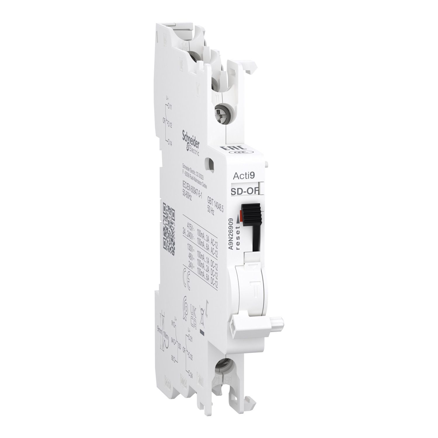 Picture of Auxiliary contact, Acti9, OF/SD+OF, 2 C/O, 100mA to 6A, 24VAC to 415VAC, 24VDC to 130VDC, top and bottom connection