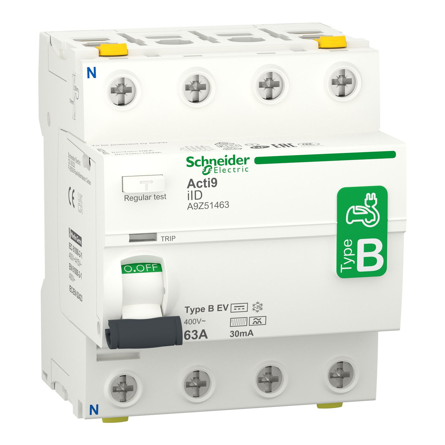 Picture of Acti9 iID - Residual Current Circuit Breaker - 4P - 63A - 30mA - B type