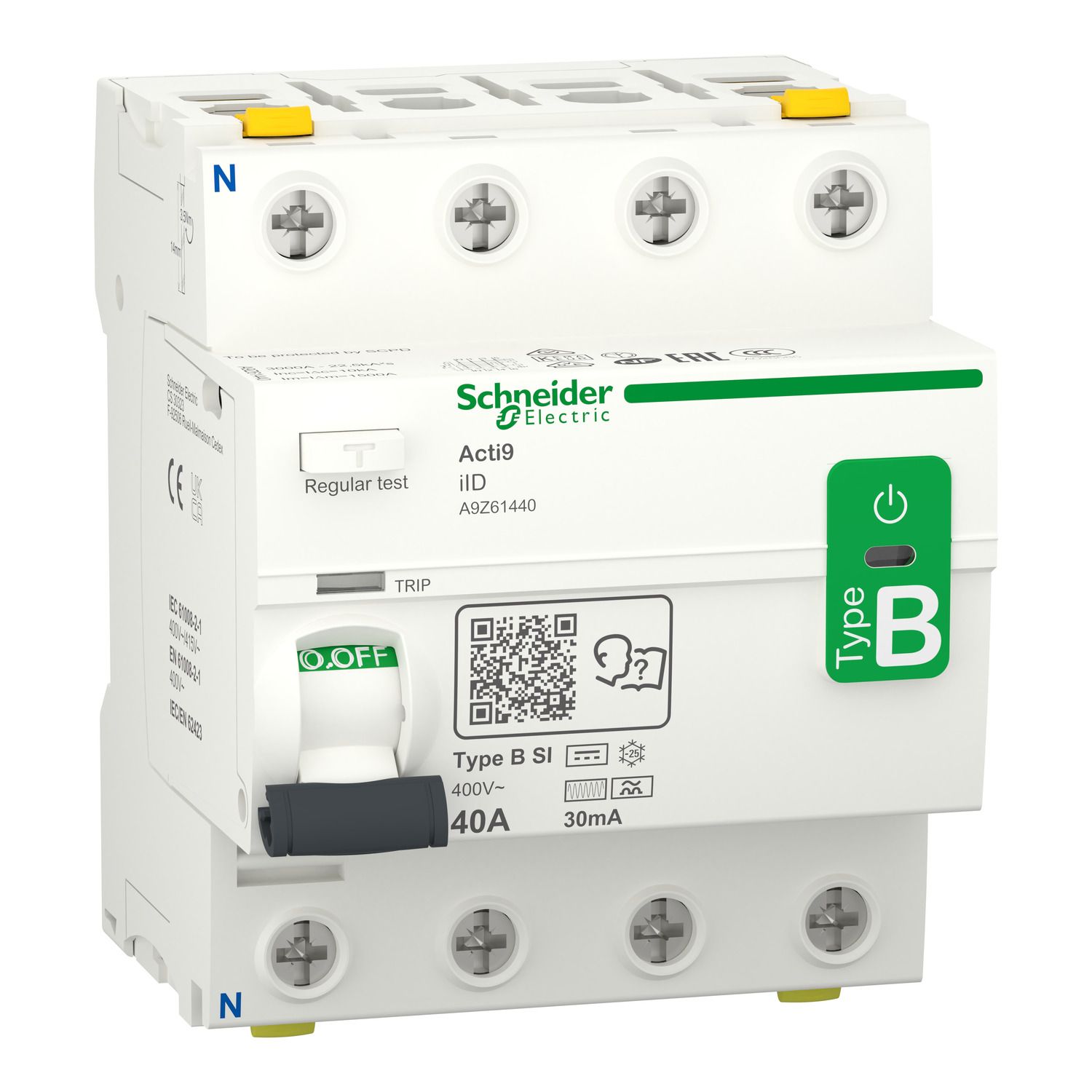 Picture of Residual current circuit breaker (RCCB), Acti9 iID, 4P, 40A, B-SI type, 30mA, double terminal