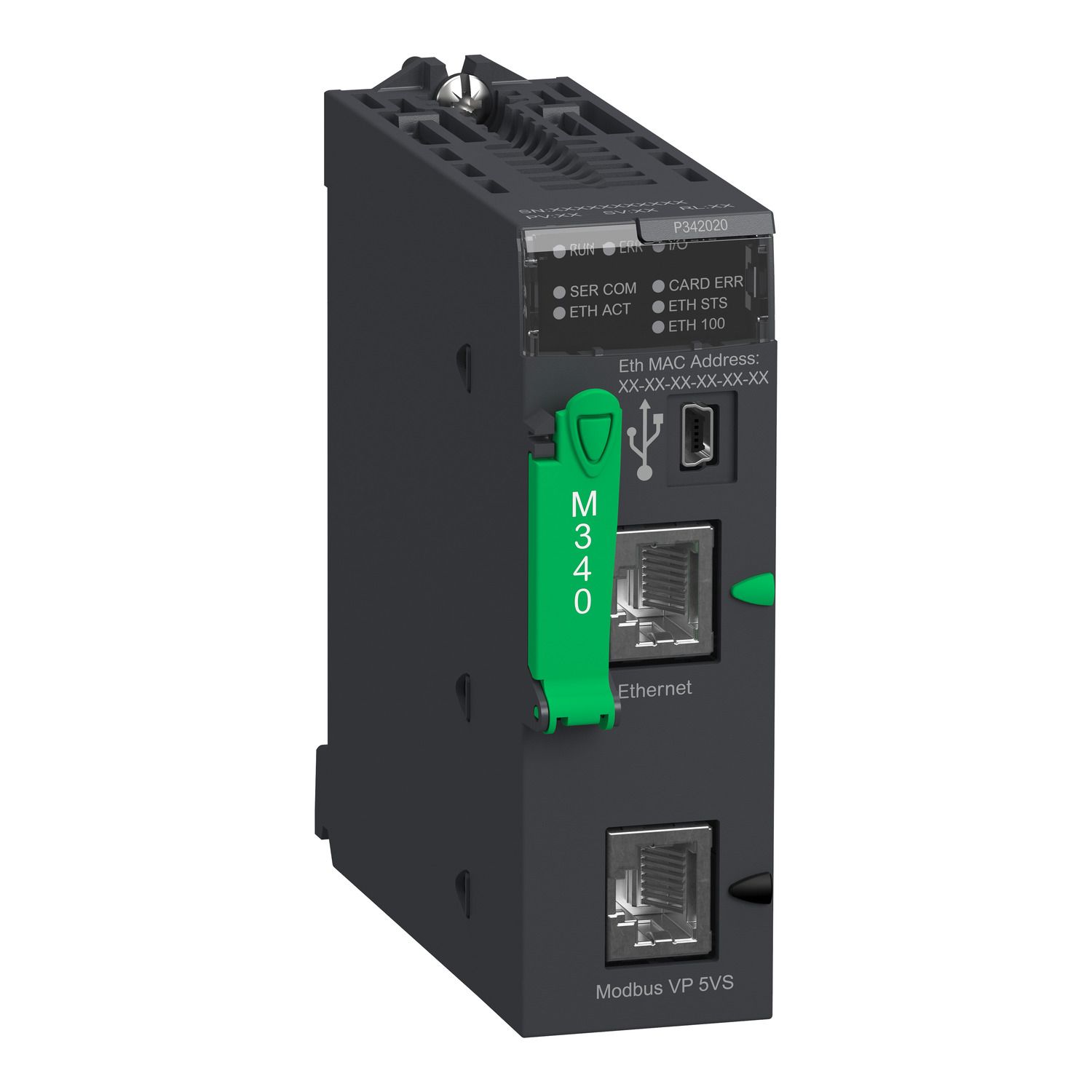 Picture of processor, Modicon M340, max 1024 discrete, 256 analog IO, Modbus, Ethernet