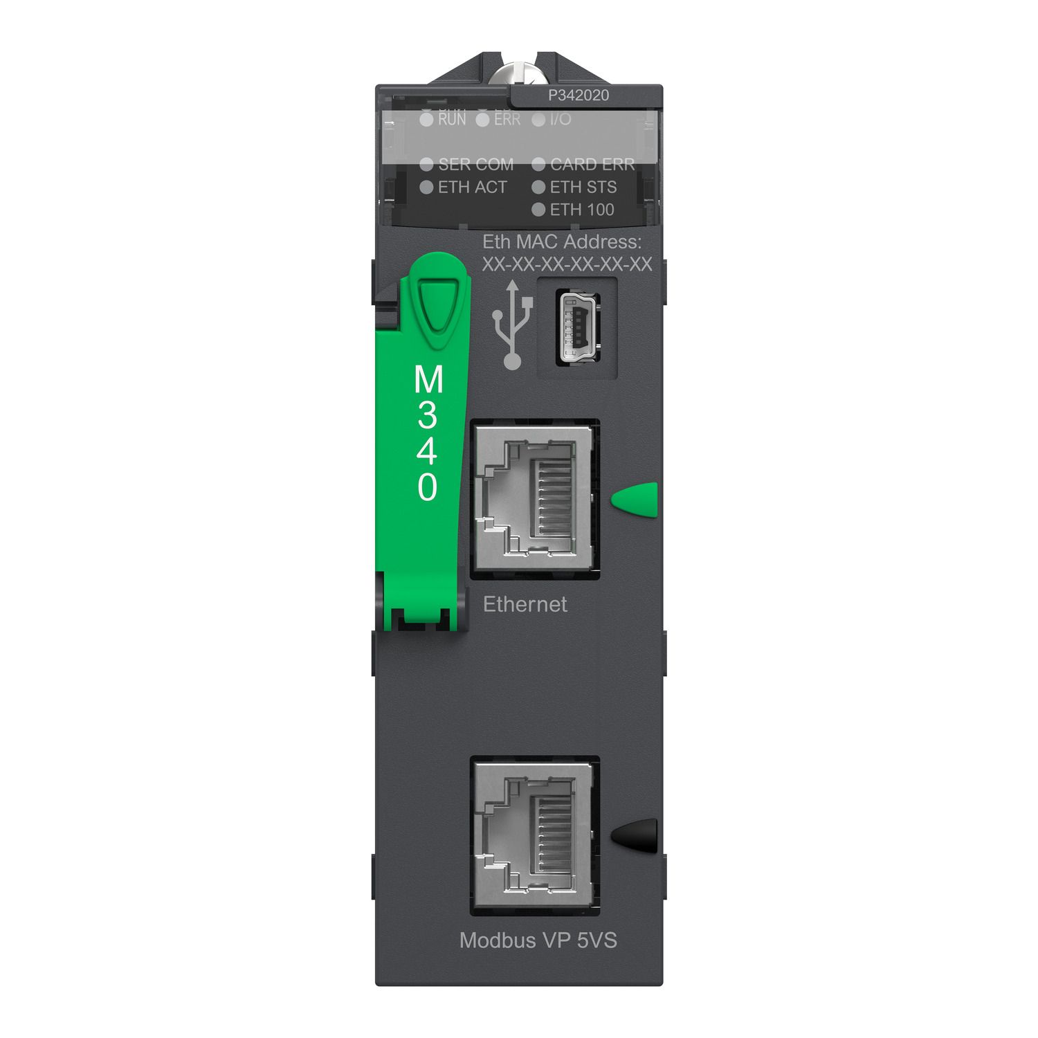 Picture of processor, Modicon M340, max 1024 discrete, 256 analog IO, Modbus, Ethernet