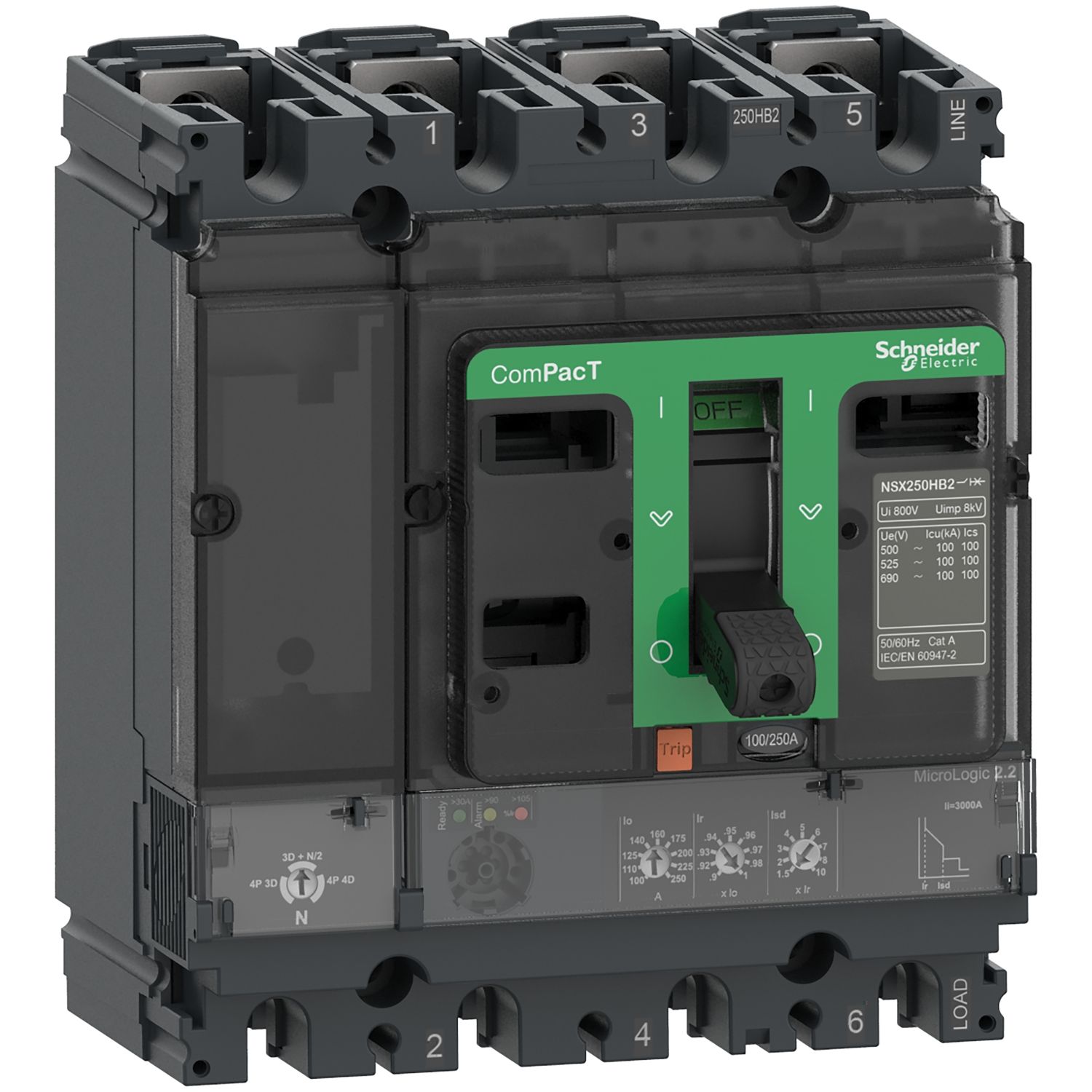 Picture of Circuit breaker, ComPacT NSX100F, 36kA/415VAC, 4 poles, MicroLogic 2.2 trip unit 40A