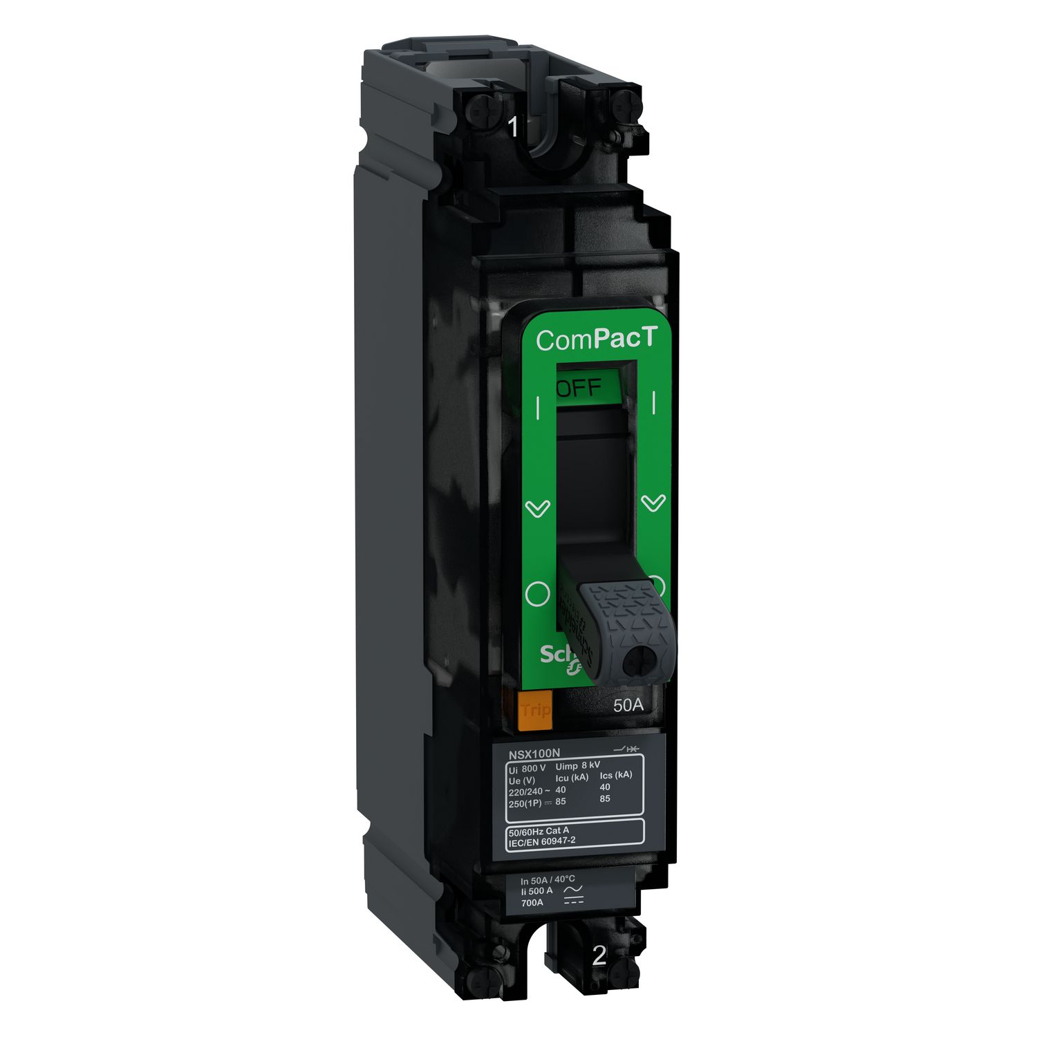 Picture of Circuit breaker, ComPacT NSX100N AC/DC, 25kA/240VAC, 1 pole, TMD trip unit 50A