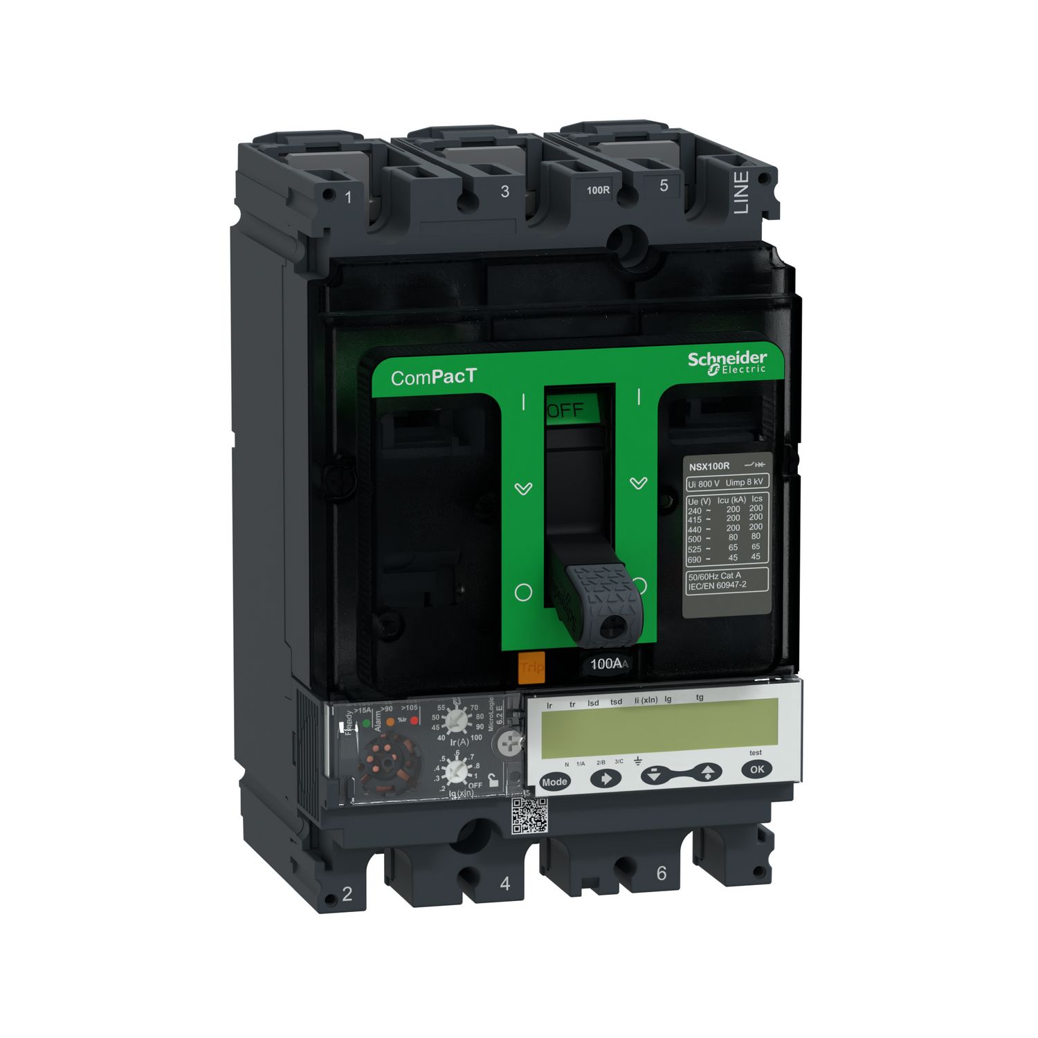 Picture of Circuit breaker, ComPacT NSX100R, 200kA/415VAC, 3 poles, MicroLogic 6.2E trip unit 100A