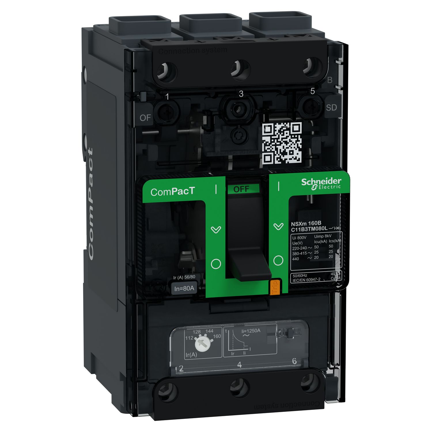 Picture of Circuit breaker, ComPacT NSXm 160B, 25kA/415VAC, 3 poles, TMD trip unit 80A, EverLink lugs