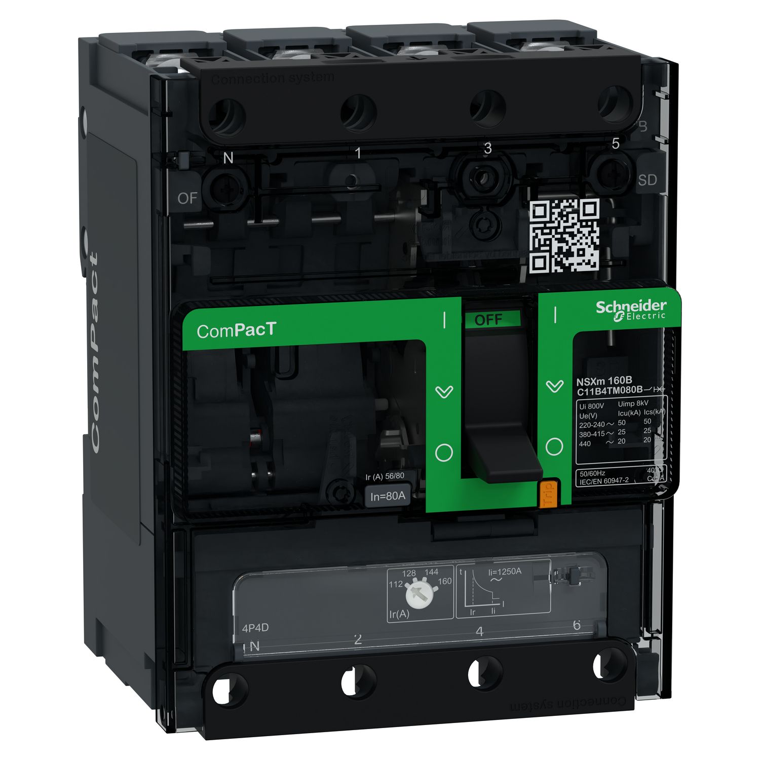 Picture of Circuit breaker, ComPacT NSXm 160B, 25kA/415VAC, 4 poles 4D (neutral fully protected), TMD trip unit 80A, lugs/busbars