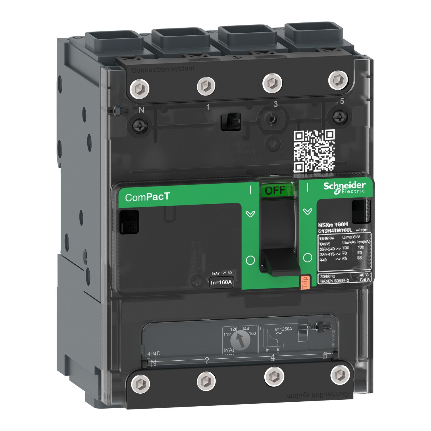 Picture of Circuit breaker, ComPacT NSXm 160E, 16kA/415VAC, 4 poles 4D (neutral fully protected), TMD trip unit 100A, EverLink lugs
