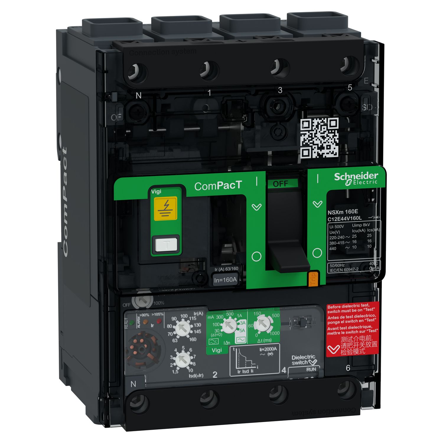 Picture of Circuit breaker, ComPacT NSXm 160E, 16kA/415VAC, 4 poles, MicroLogic 4.1 trip unit 160A, EverLink lugs