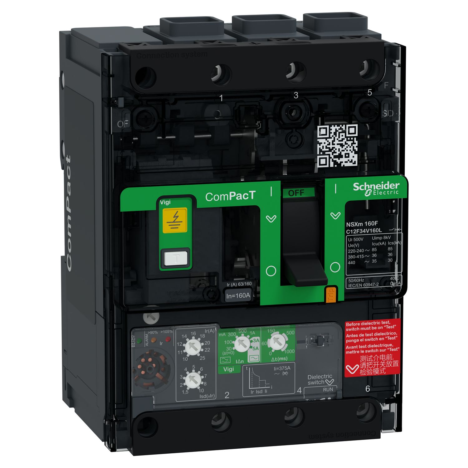 Picture of Circuit breaker, ComPacT NSXm 160F, 36kA/415VAC, 3 poles, MicroLogic 4.1 trip unit 160A, EverLink lugs