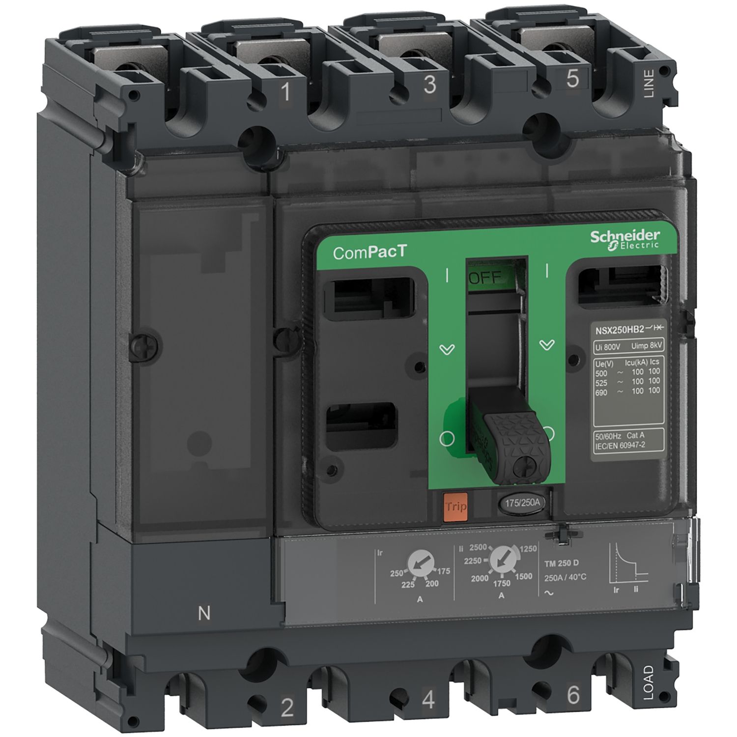 Picture of Circuit breaker, ComPacT NSX160N, 50kA/415VAC, 4 poles 3D (neutral not protected), TMD trip unit 100A