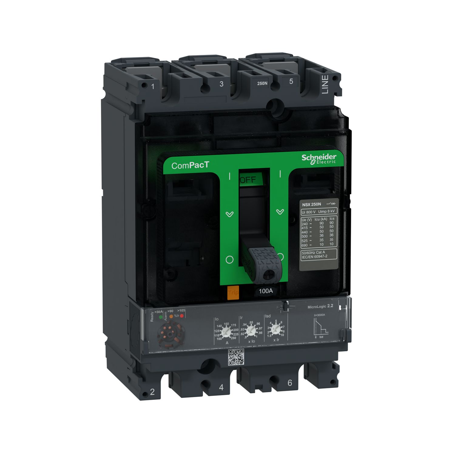 Picture of Circuit breaker, ComPacT NSX250N, 50kA/415VAC, 3 poles, MicroLogic 2.2 trip unit 100A
