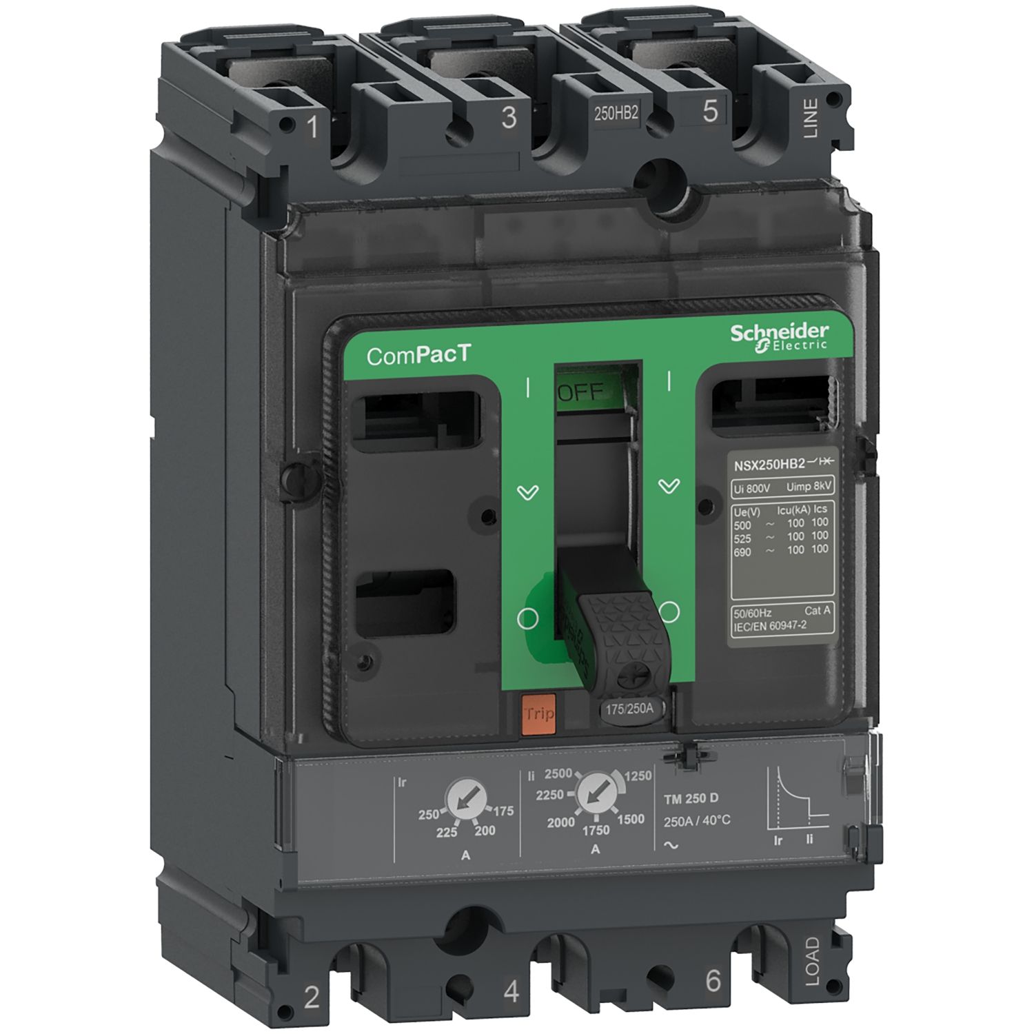 Picture of Circuit breaker, ComPacT NSX250N, 50kA/415VAC, 3 poles, TMD trip unit 125A
