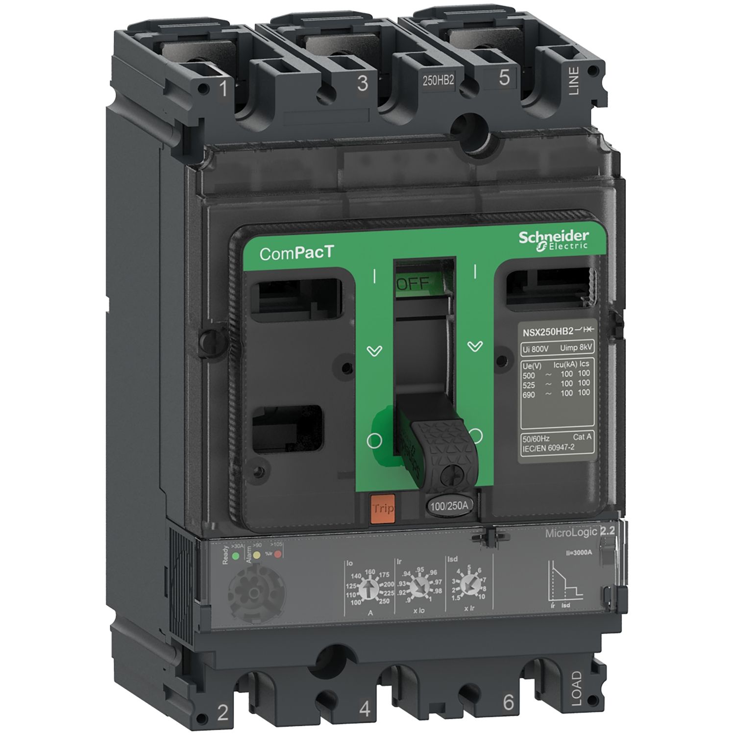Picture of Circuit breaker, ComPacT NSX250R, 200kA/415VAC, 3 poles, MicroLogic 2.2 trip unit 100A