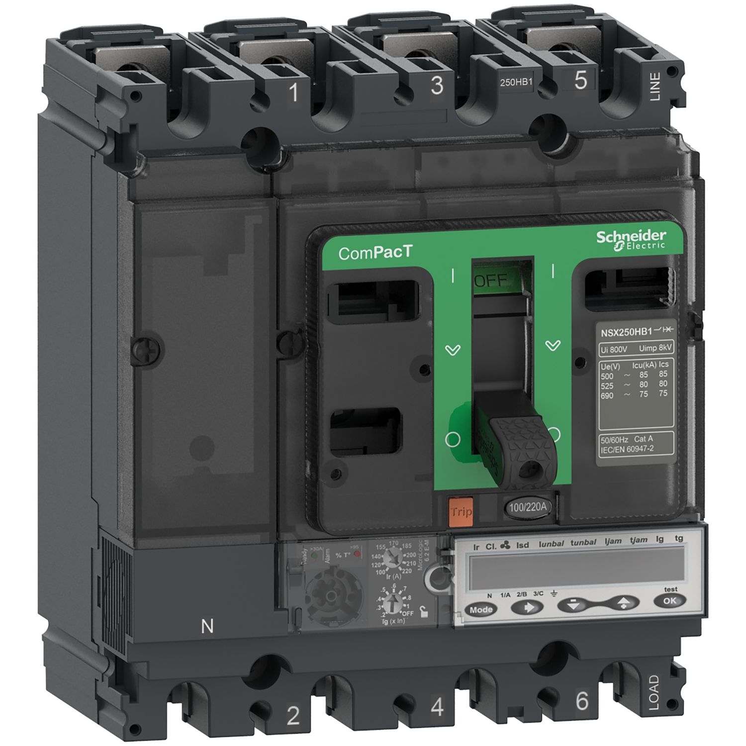 Picture of Circuit breaker, ComPacT NSX250HB1, 75kA/690VAC, 3 poles, MicroLogic 6.2E-M trip unit 150A