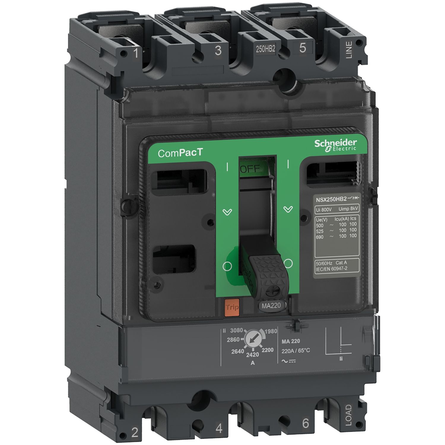 Picture of Circuit breaker, ComPacT NSX250HB1, 75kA/690VAC, 3 poles, MA trip unit 220A
