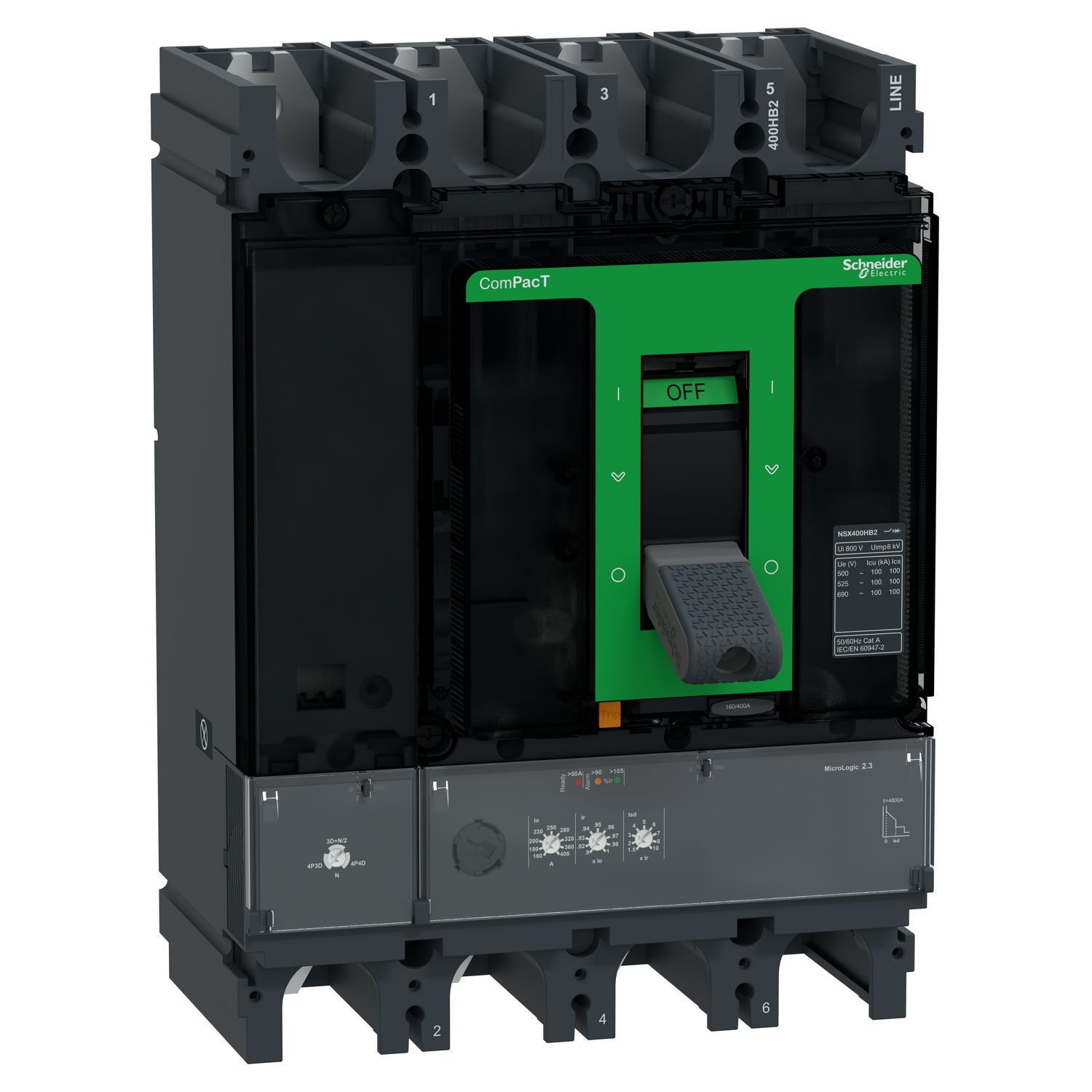 Picture of Circuit breaker, ComPacT NSX400HB2, 100kA/690VAC, 4 poles, MicroLogic 2.3 trip unit 400A