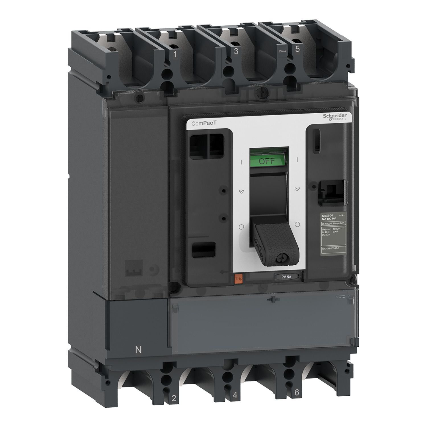 Picture of Switch disconnector, ComPacT NSX500NA DC PV, 4 poles, fixed, 500A rating, 1000V