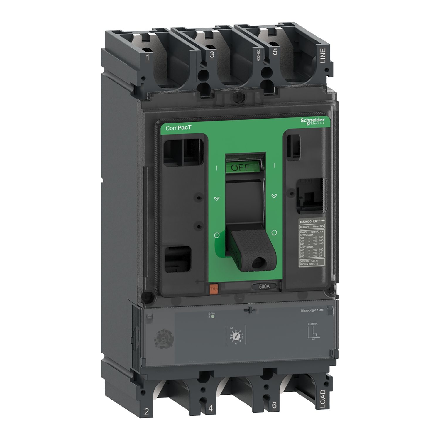 Picture of Circuit breaker, ComPacT NSX630H, 70kA/415VAC, 3 poles, MicroLogic 1.3M trip unit 500A
