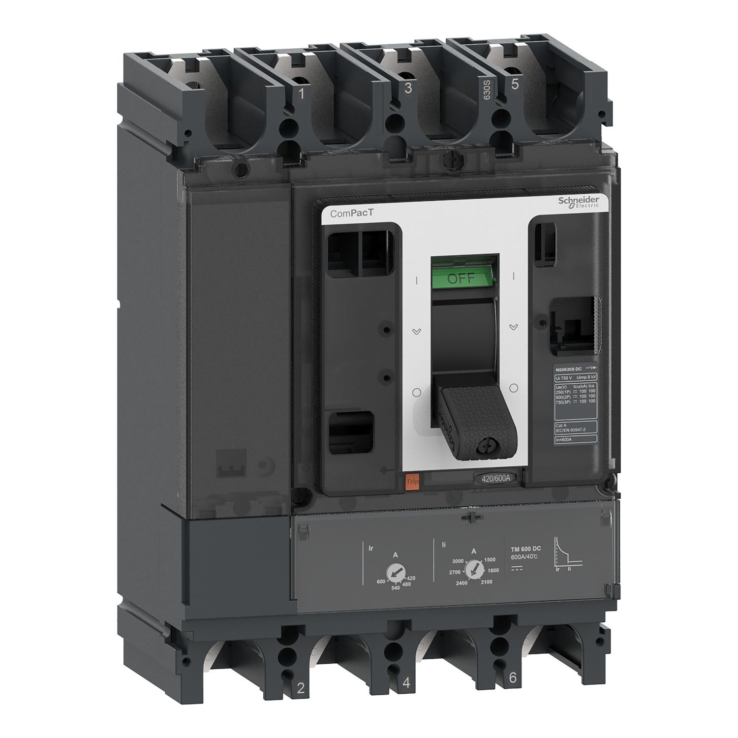 Picture of Circuit breaker, ComPacT NSX630S DC, 100kA/750VDC, 4 poles, TM-DC trip unit 500A