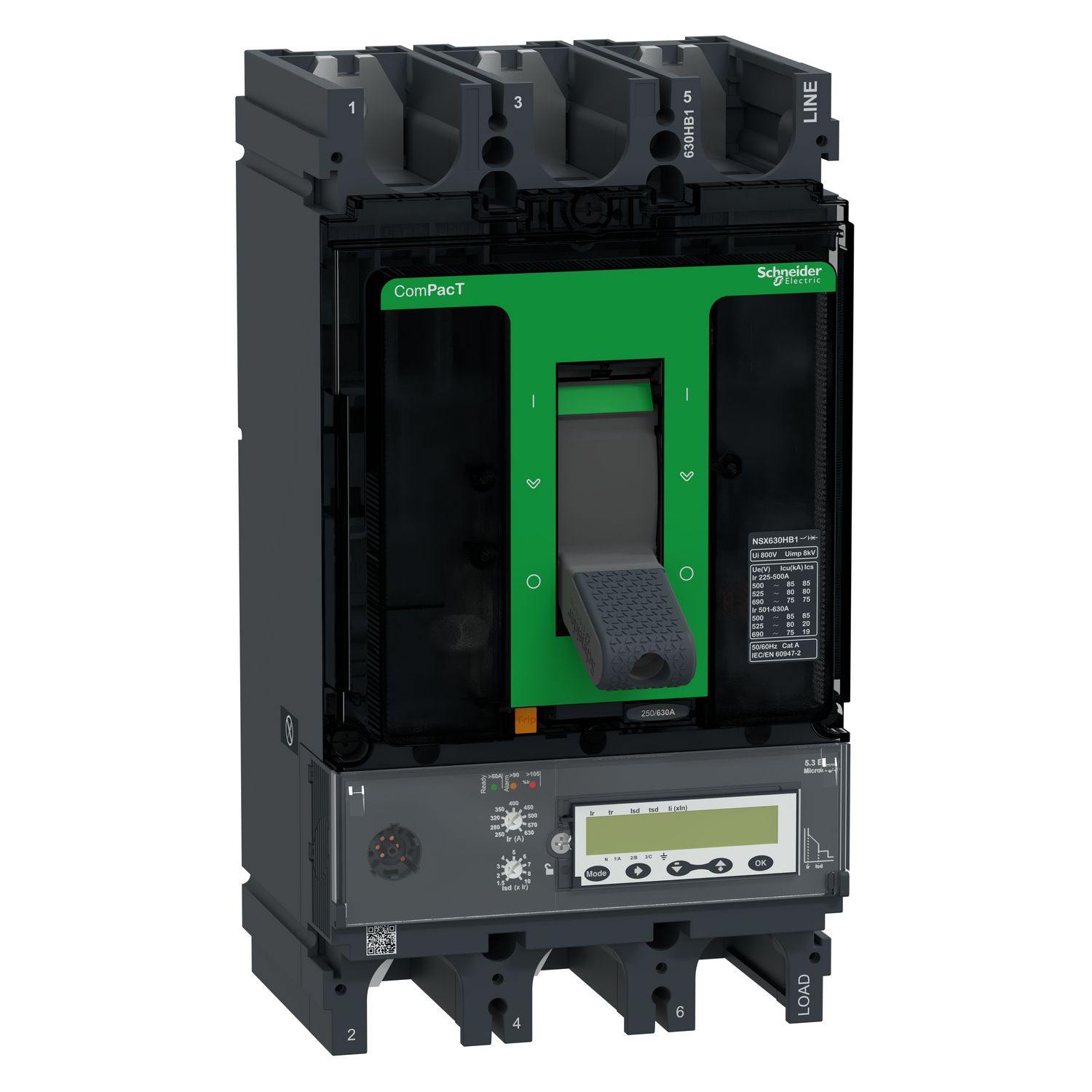 Picture of Circuit breaker, ComPacT NSX630HB1, 75kA/690VAC, 3 poles, MicroLogic 5.3E trip unit 630A