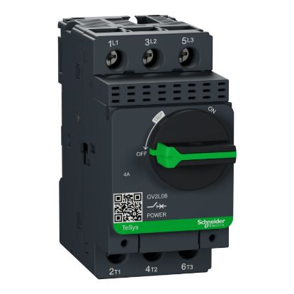 Picture of Motor circuit breaker, TeSys GV2, TeSys Deca, 3P, 4A, magnetic, rotary handle, screw clamp terminals