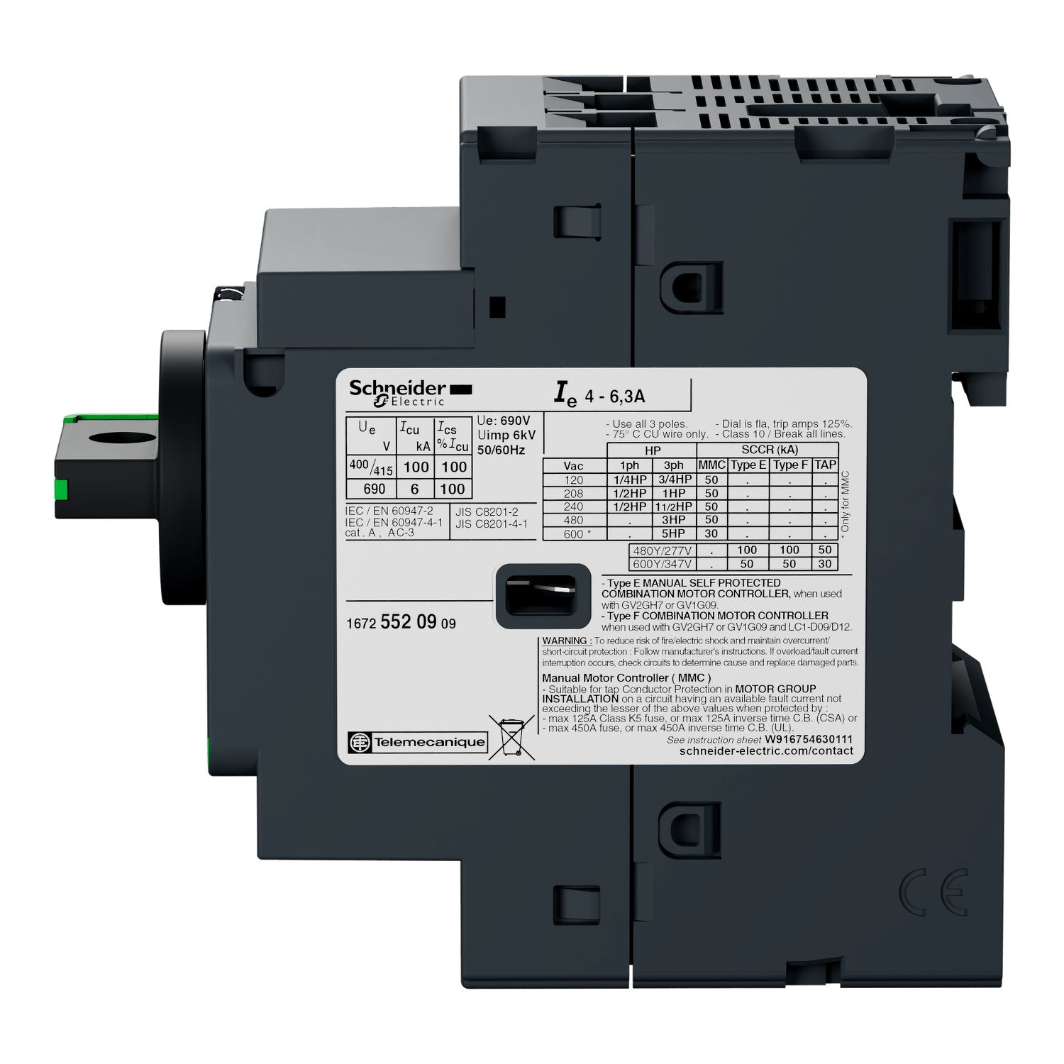 Picture of Motor circuit breaker, TeSys GV2, TeSys Deca, 3P, 10A, magnetic, rotary handle, screw clamp terminals