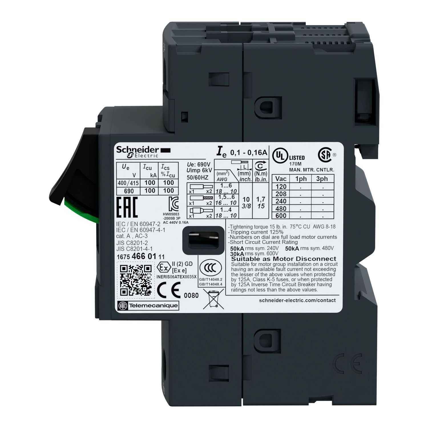 Picture of Motor circuit breaker, TeSys GV2, TeSys Deca, 3P, 0.1 to 0.16A, thermal magnetic, screw clamp terminals, button control