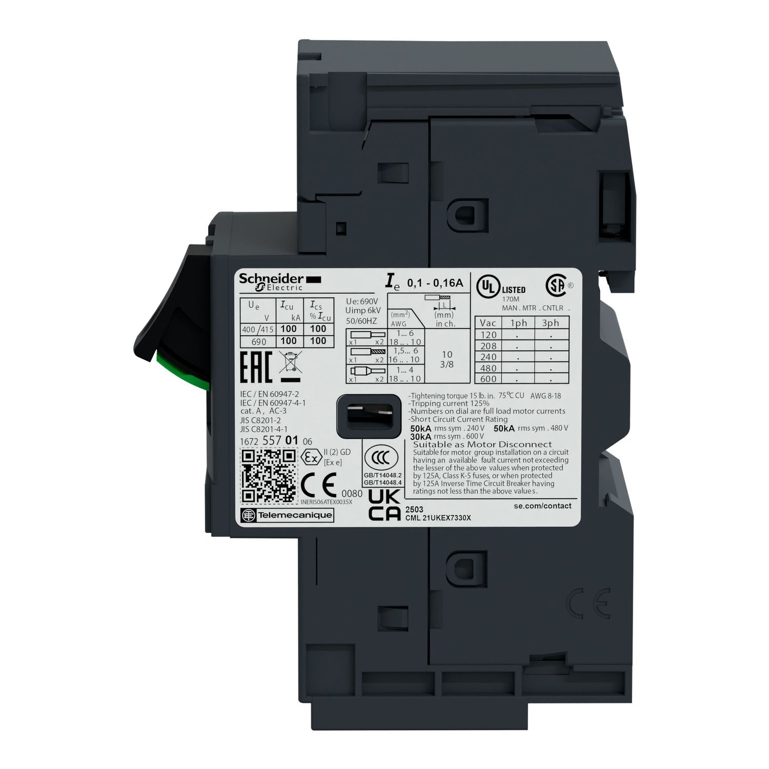 Picture of Motor circuit breaker, TeSys Deca, 3P, 1.6 to 2.5A, thermal magnetic, spring terminals