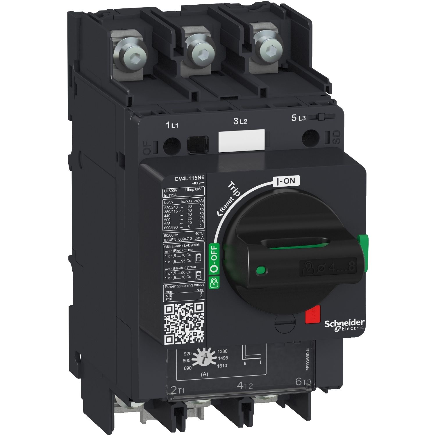 Picture of Motor circuit breaker, TeSys GV4, TeSys GV4, 3P, 2A, Icu 50kA, magnetic, lugs terminals