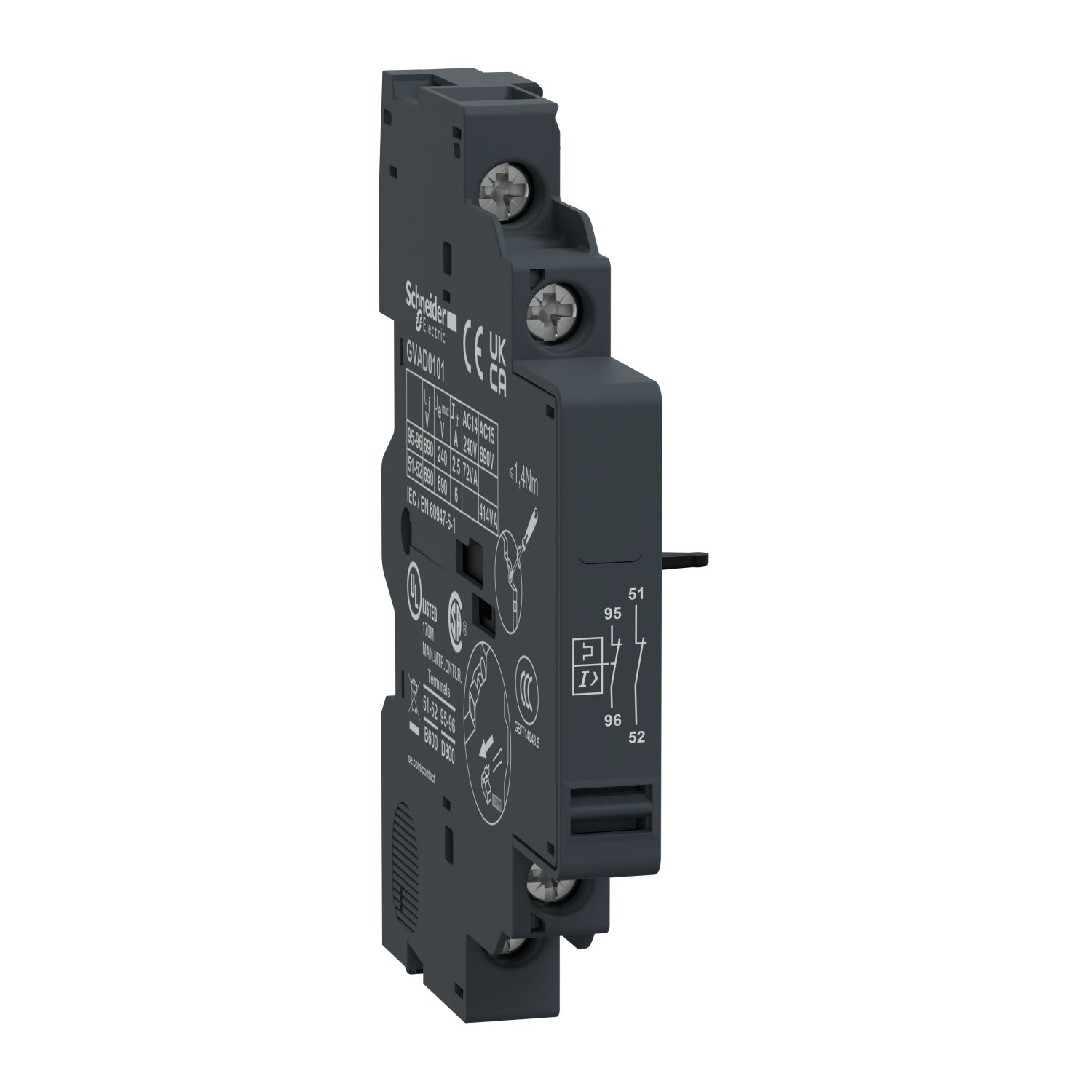 Picture of Add-on contact block,TeSys Deca Frame 2/3,1NC(fault)+1NC,side,for GV2/GV3(except GV3ME)