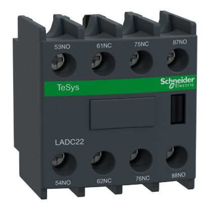 Picture of Auxiliary Contact Block, TeSys D, TeSys Deca, 2NO + 2NC (inc. 1NO + 1NC make before break), front, screw clamp terminals