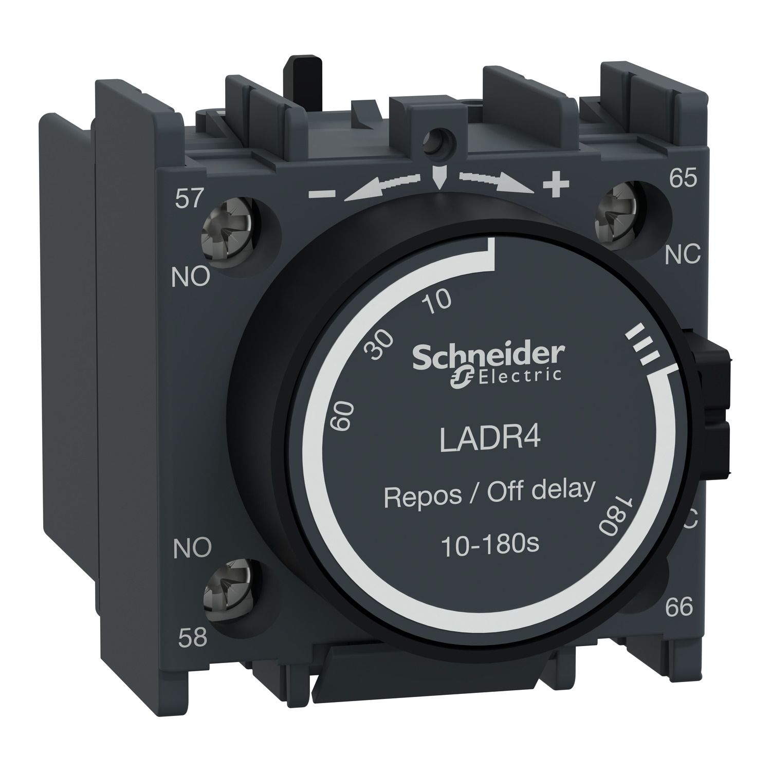 Picture of Time delay Auxiliary Contact Block, TeSys D, TeSys Deca, 1NO + 1NC, off delay 10-180s, front, screw clamp terminals