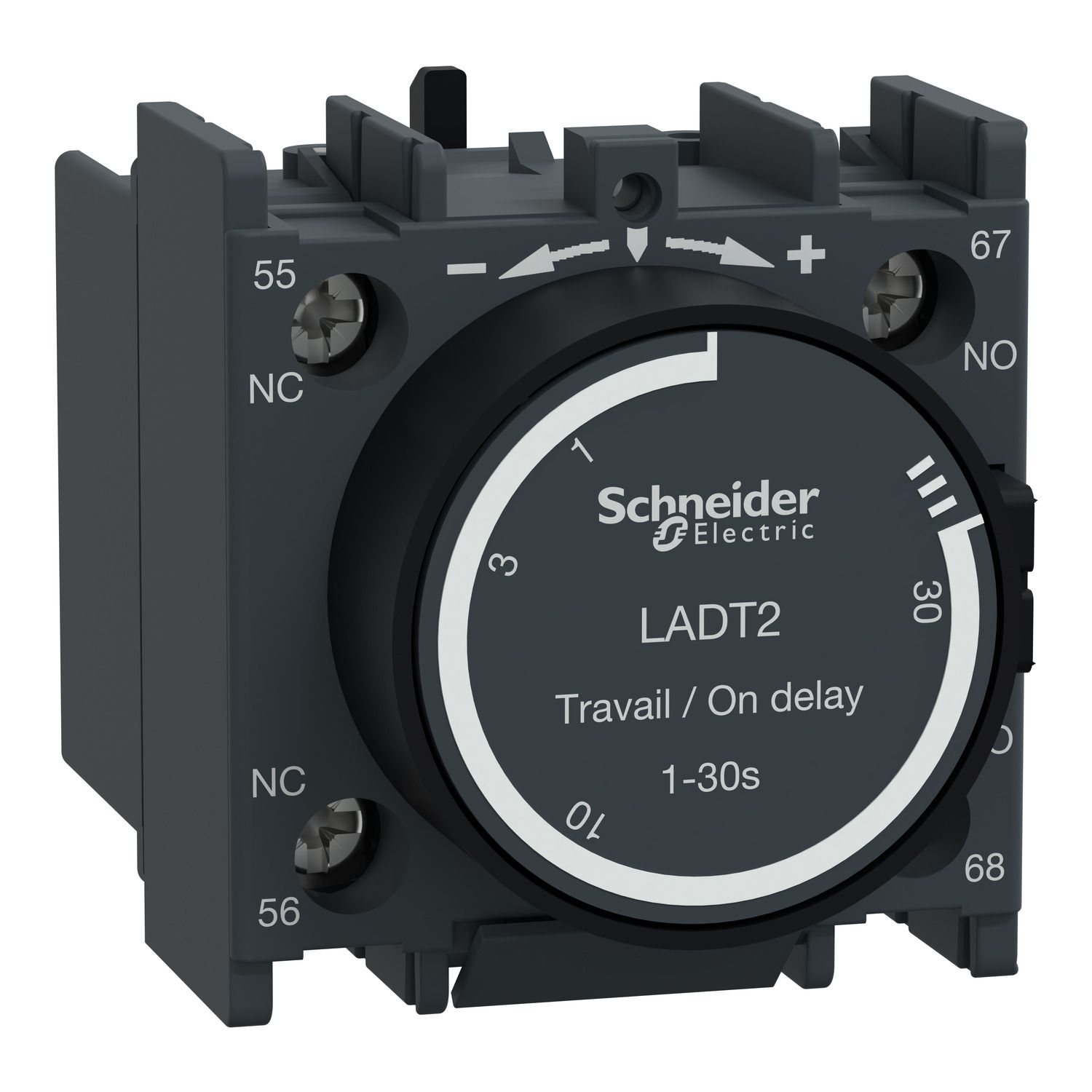 Picture of Time delay contact block, TeSys D, TeSys Deca,1NO+1NC,on-delay 1-30s,front