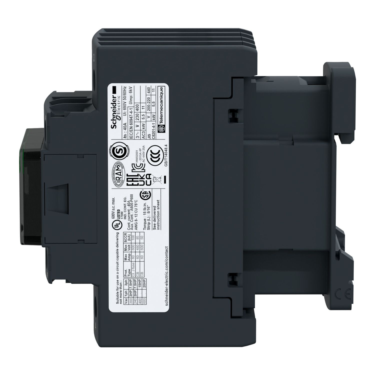 Picture of Contactor, TeSys Deca, 4P(2NO+2NC), AC-1, <=440V, 40A, 115V AC 50/60Hz coil, screw clamp terminal