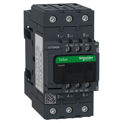 Picture of Contactor, TeSys D, TeSys Deca, 3P(3 NO), AC-3/AC-3e, 0 to 440V, 40A, 24VDC coil, EverLink