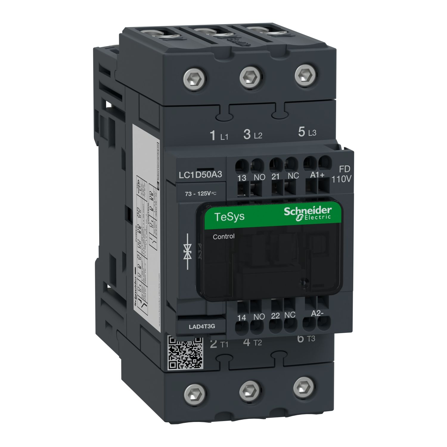 Picture of Contactor, TeSys Deca, 3P(3 NO), AC-3/AC-3e, <=400V, 50A, 110V DC standard coil, spring terminals