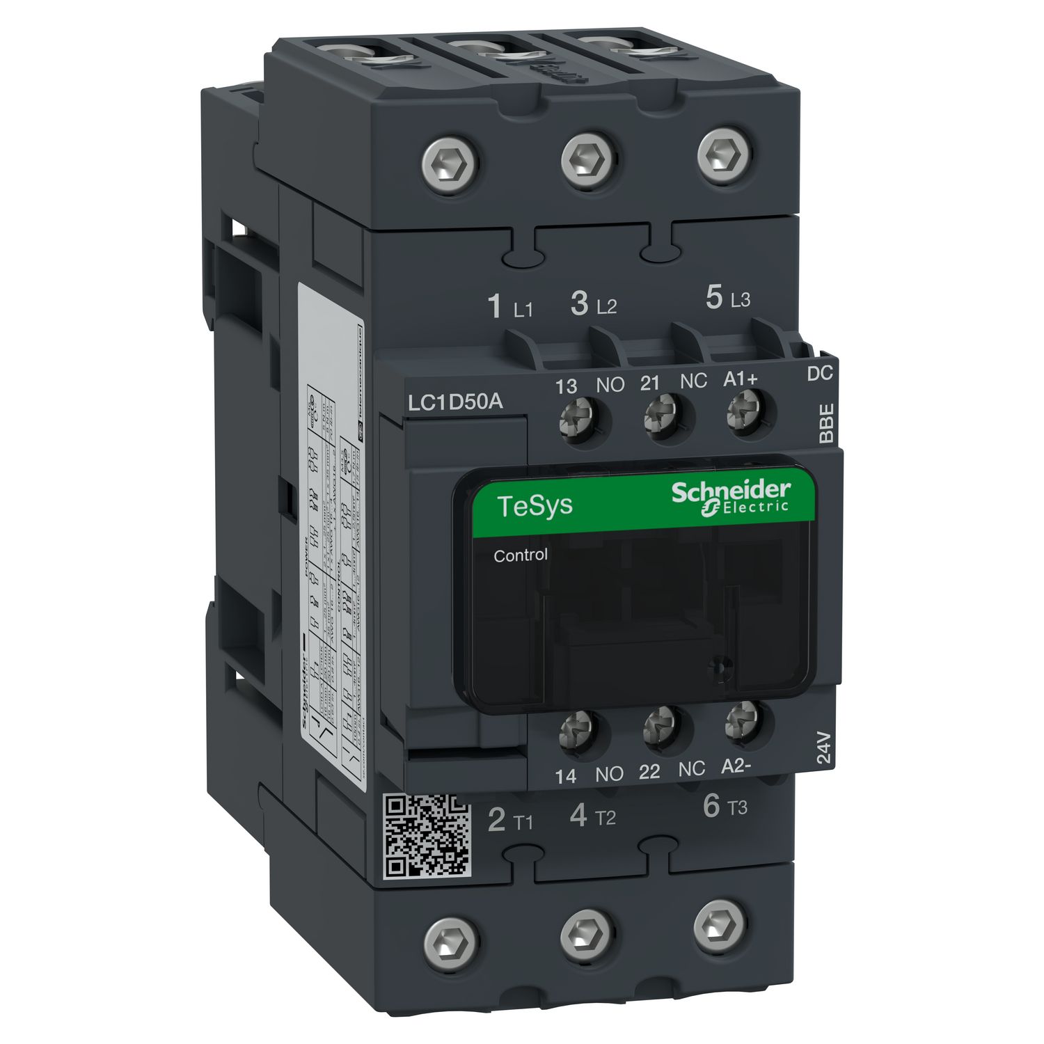 Picture of Contactor, TeSys D, TeSys Deca, 3P(3 NO), AC-3/AC-3e, 0 to 440V, 50A, 24VDC coil, EverLink