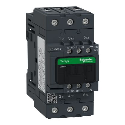 Picture of Contactor, TeSys D, TeSys Deca, 3P(3 NO), AC-3/AC-3e, 0 to 440V, 50A, 24VDC standard coil