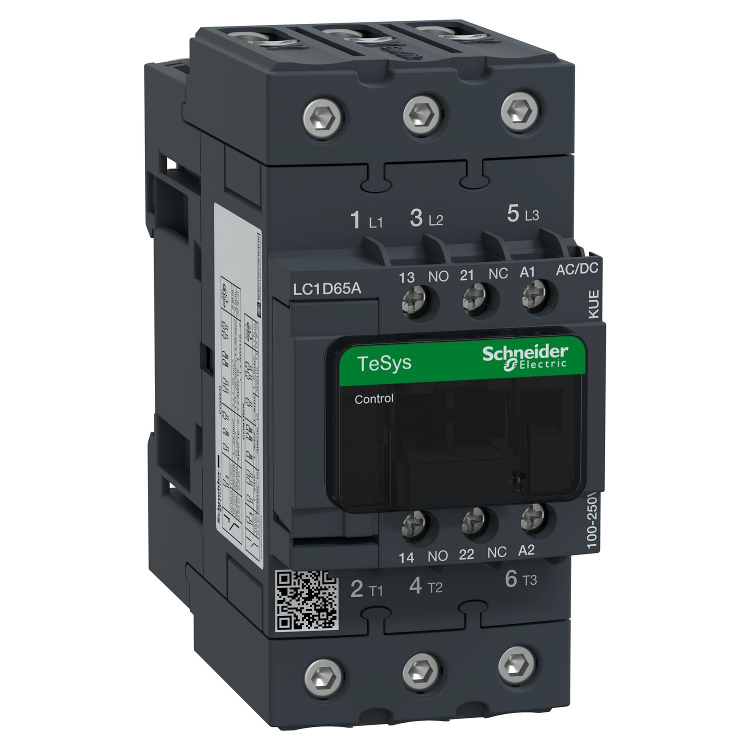 Picture of Contactor, TeSys D, TeSys Deca, 3P(3 NO), AC-3/AC-3e, 0 to 440V, 65A, 100-250VAC/DC coil, EverLink