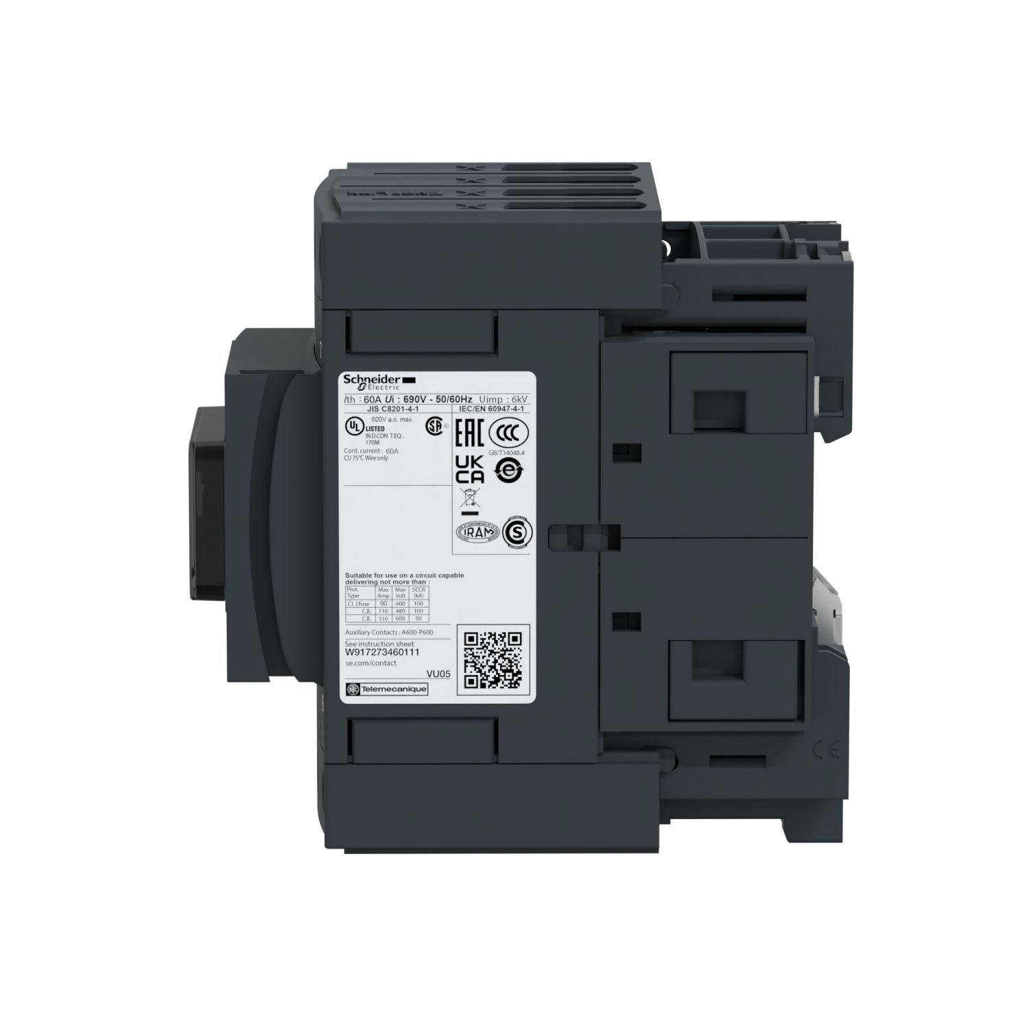 Picture of Contactor, TeSys Deca, 4P(4 NO), AC-1, <=440V, 60A, 48VAC 50/60Hz coil, spring terminals
