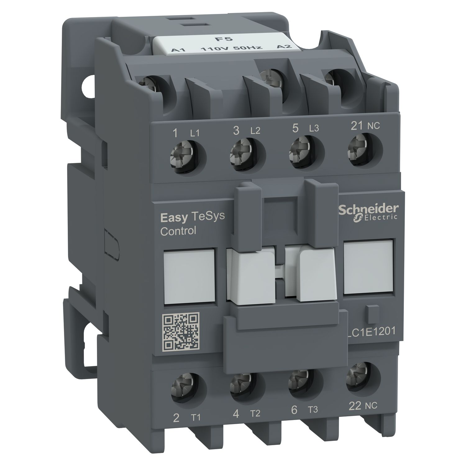 Picture of Contactor,Easy TeSys Control,LC1E,3P(3NO),AC-3,<=440V,12A,110V AC coil,50Hz,1NC auxiliary contact